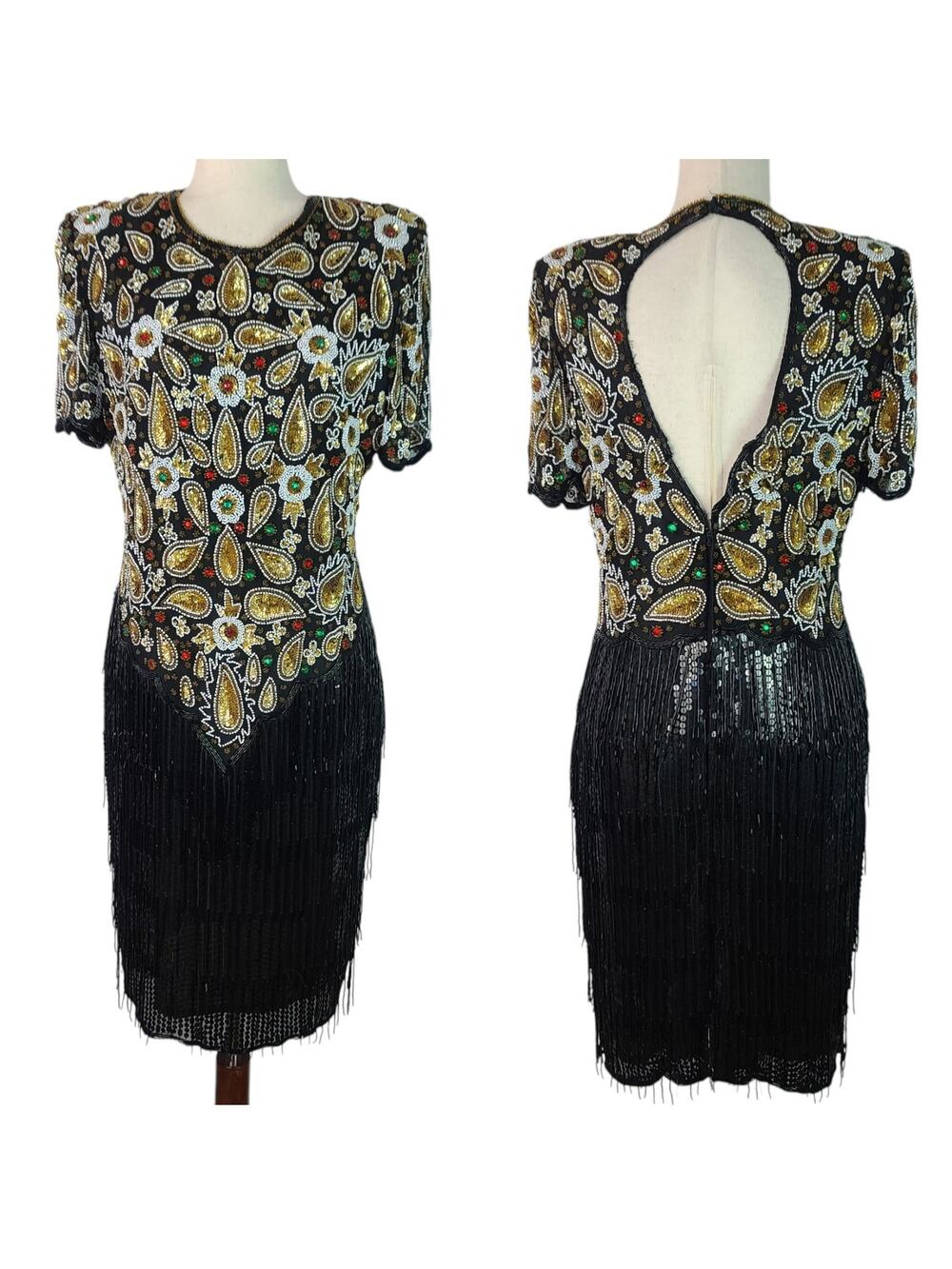 Sweelo Beaded Silk Black Gold Green Vintage Flapper Style Cocktail Evening Dress